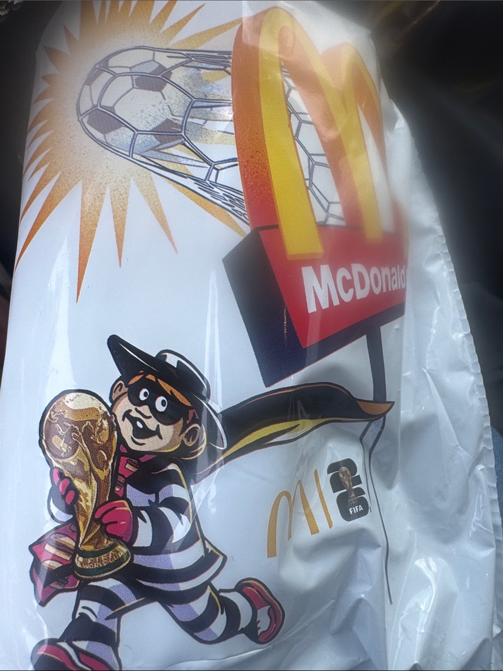 McDonald's Unopened FIFA Cup in Packaging with Logo and Gold Trophy Art